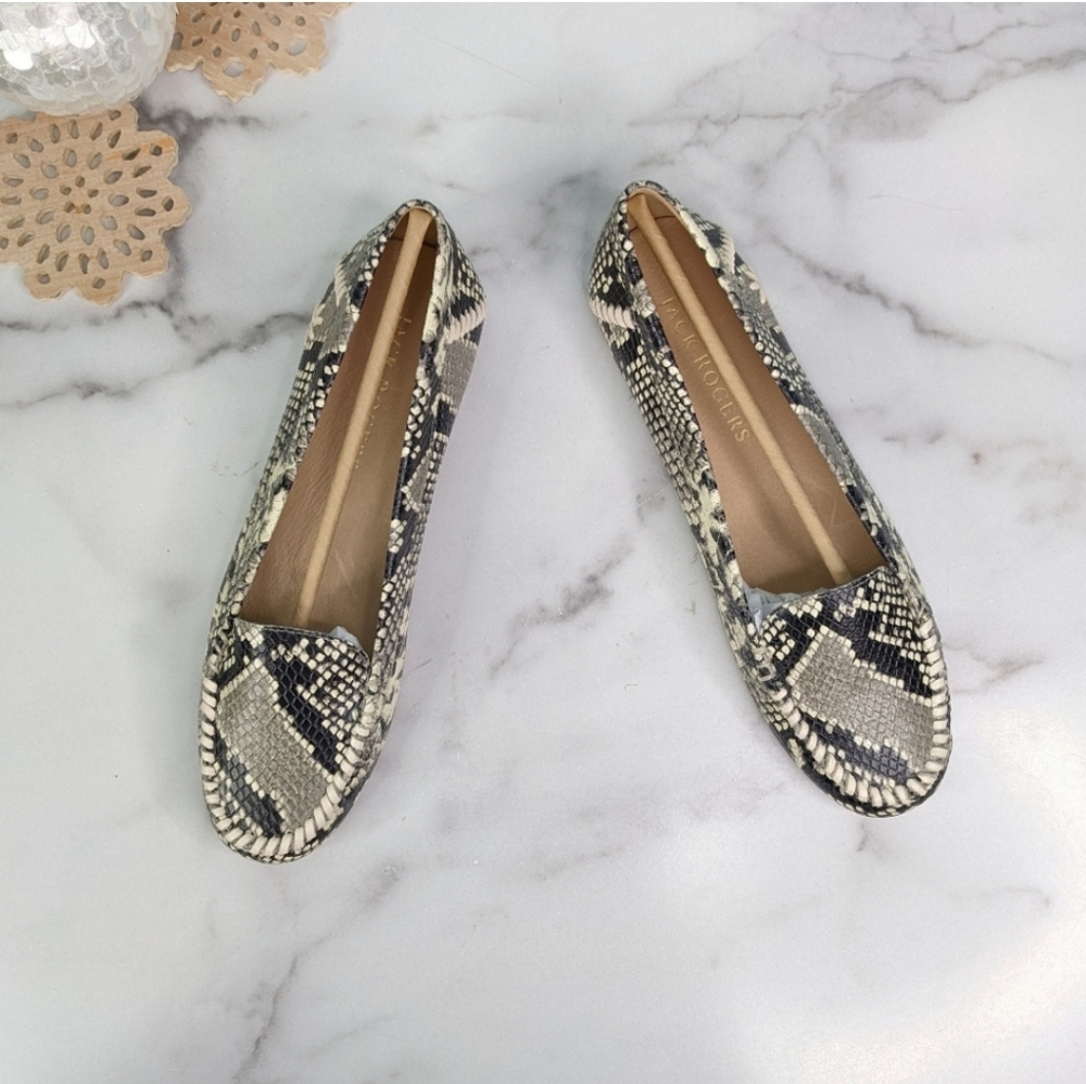 Jack Rogers Snake Print Moccasin Flats in Black and Cream